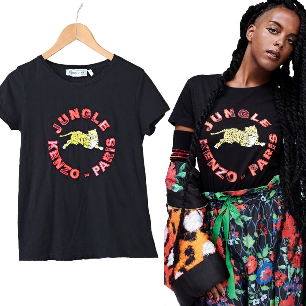 KENZO x H&M Tee Women's Small Black Embroidered Tiger Jungle